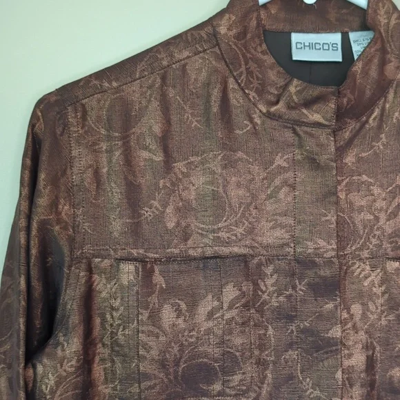 Chico's Silk Linen Shimmery Floral Lined Blazer Small Chico's 0 Metallic Bronze - Picture 5 of 14
